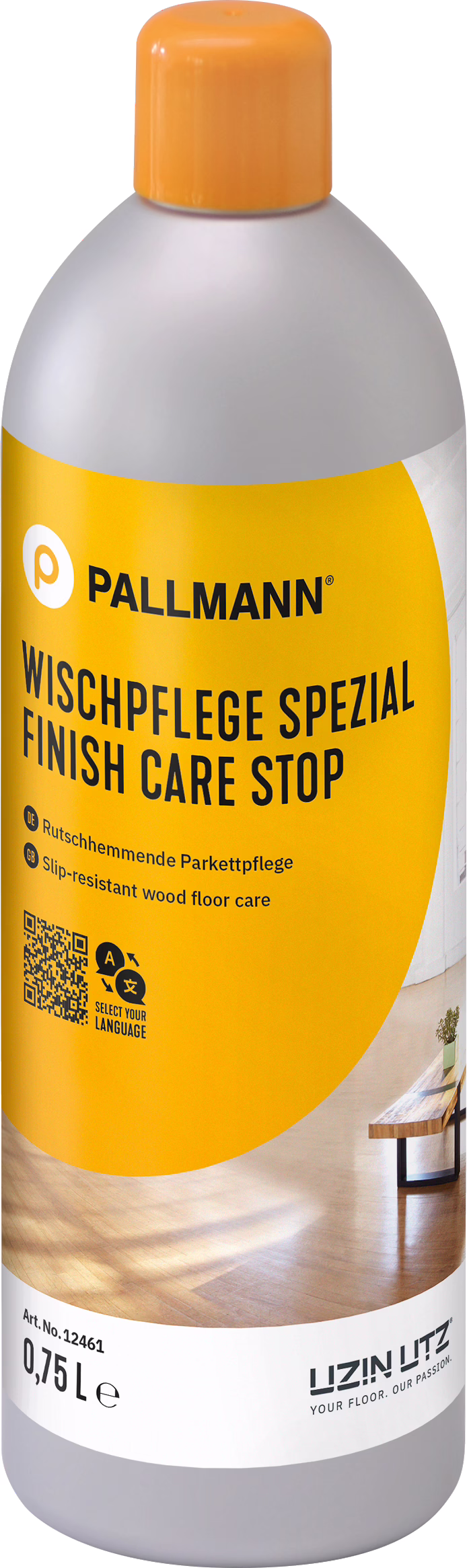 Plastová láhev Pallmann 'Finish Care Stop' — protiskluzový přípravek na údržbu dřevěných podlah, šedo‑žlutá láhev s oranžovým uzávěrem, 0,75 l, s logem značky a štítkem produktu.
