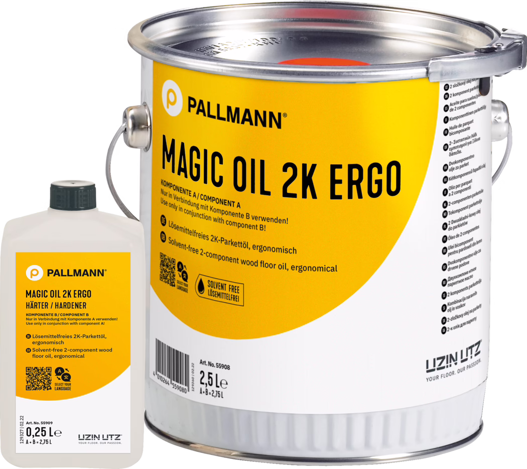 Plemon Pallmann Magic Oil 2K Ergo, bezsoberový, dvousložkový olej na dřevěné podlahy, ergonomicky navržený. Plemon je jasně označen názvem produktu a varováním, že se může používat pouze v kombinaci se složkou B. Vedle něj je menší láhev označená jako zpevňovač, se stejným brandingem. Oba kontejnery jsou určeny k použití na dřevěných površích.