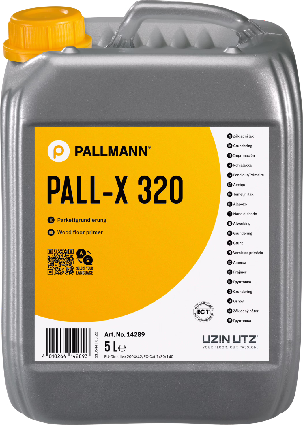 PALL-X 320 Pohled zepředu na stříbrnou plastovou kanystr o objemu 5 litrů s oranžovým šroubovacím uzávěrem a oranžovou obdélníkovou etiketou. Na etiketě je výrazně uvedena značka PALLMANN a název produktu PALL-X 320 velkými černými písmeny; produkt je označen jako základní nátěr pro dřevěné podlahy. Viditelné jsou číslo artiklu 14289, čárový kód, vícejazyčné popisy na pravém okraji etikety, certifikační ikonky a logo výrobce UZIN UTZ. Kanystr má integrované horní madlo a lehce strukturovaný povrch; fotografie je pořízena na bílém pozadí a zdůrazňuje informace na obalu.