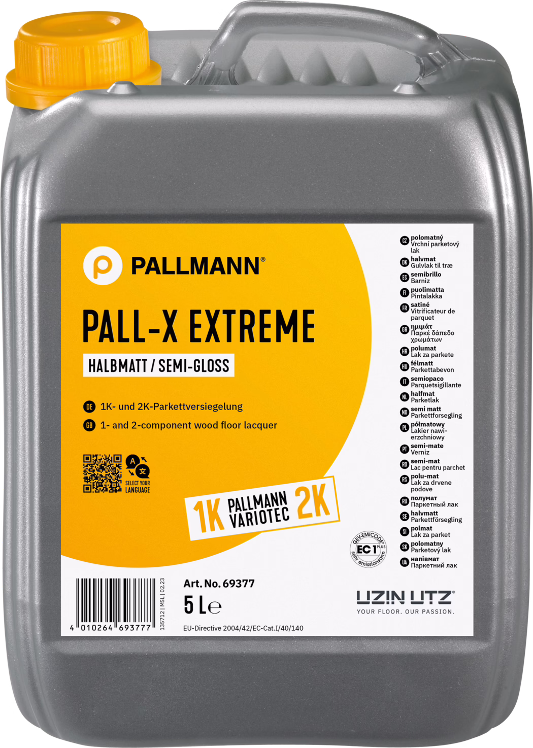 Šedý plastový kanystr 5 l s oranžovo‑žlutou etiketou a žlutým uzávěrem: Pallmann PALL‑X EXTREME polomatný lak na dřevěné podlahy, 1K/2K, výrobce Uzin Utz; na etiketě je název, lesk, objem a informace o použití.