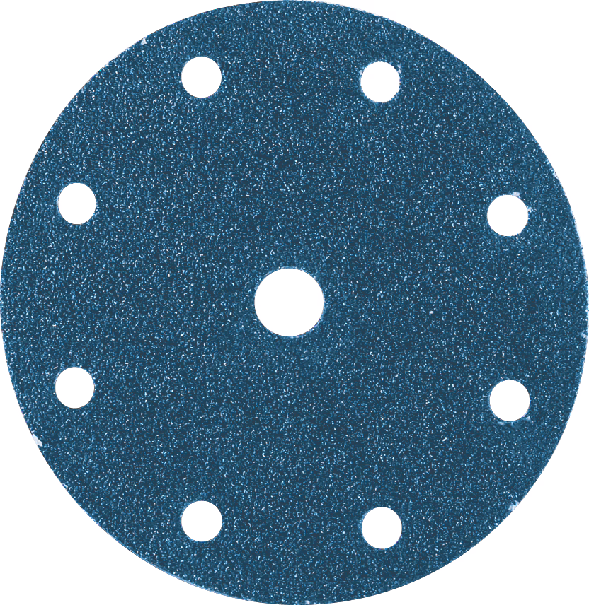 ZIRKONOVÝ BRUSNÝ KOTOUČ SE SUCHÝM ZIPEM 150 MM 8-OTVORŮ Close-up of a circular blue abrasive sanding disc on a white background. The disc features a coarse, glittering textured surface and nine round perforations — one larger central hole and eight smaller, evenly spaced peripheral holes — typical for dust extraction on orbital sanders. The flat disc has a hook-and-loop backing implied by its clean edge, and the metallic deep-blue color highlights the grit particles and slight reflections on the abrasive surface. The image is well-centered and isolated, showing the product clearly for identification and e-commerce use.
