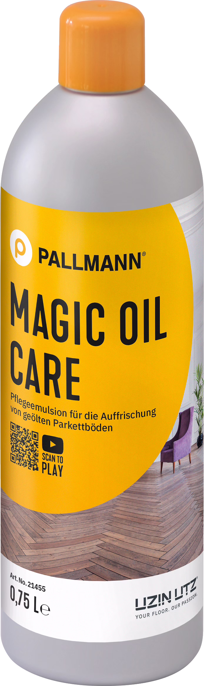 Láhev Pallmann Magic Oil Care, emulze pro údržbu a obnovení olejovaných parket, s žlutou etiketou s informacemi o produktu a QR kódem.