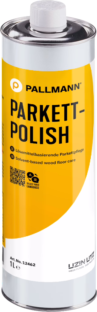 PALLMANN_dummy_Parkett-Polish_1l_msl_2023-10 Vysoká válcová kovová nádoba s výrazně žlutou etiketou 'PALLMANN PARKETT-POLISH', bílým závitovým víčkem a označením 1 l; rozpouštědlová údržba dřevěných podlah.