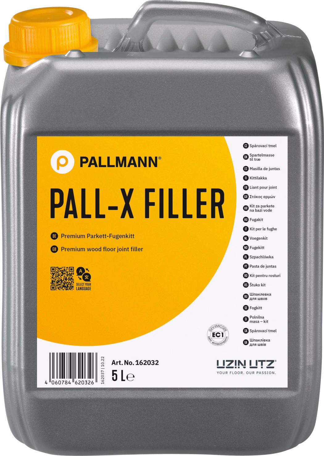 PALL-X FILLER Šedá plastová 5litrová nádobka značky Pallmann s produktem 'PALL‑X FILLER' — tmelem pro spáry dřevěných podlah. Jasně oranžová etiketa a oranžové šroubovací víčko. Na přední etiketě je logo PALLMANN, velký název 'PALL‑X FILLER', informace o prémiovém tmelu pro spoje parket, QR kód, čárový kód, číslo artiklu 162032 a označení objemu '5 L'. Vpravo jsou na etiketě uvedeny překlady názvu do více jazyků. Kanistr má integrované madlo nahoře a texturovaný šedý povrch.