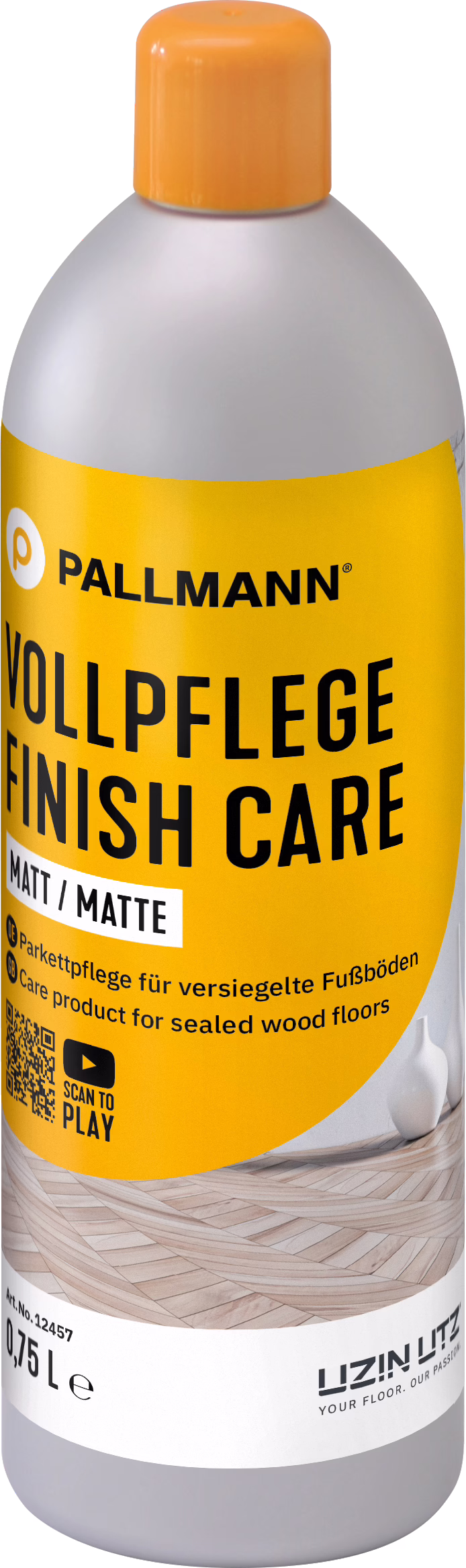 A tall plastic bottle with an orange screw cap and light gray body, featuring a bright yellow-orange label with black text 'PALLMANN VOLLPFLEGE FINISH CARE MATT / MATTE'. The bottle is 0.75 L and is presented as a care product for sealed wood floors (parquet). The label shows an image of a light wood parquet pattern, a QR code with a play icon, smaller product information text and the UZIN UTZ logo at the bottom.