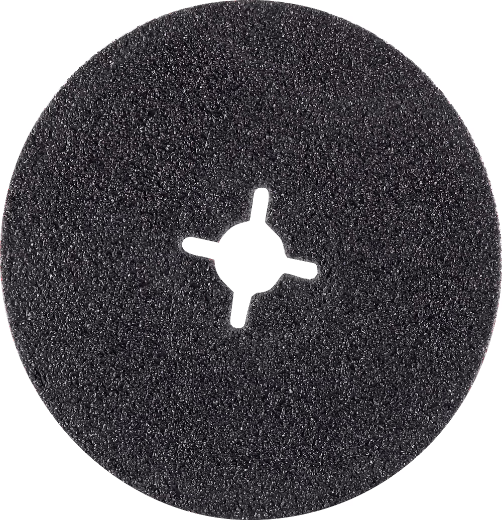 PALLMANN_dummy_silicium-carbid-velcro-disc-178mm-with-hole_msl_2021-12 Close-up photograph of a circular black abrasive sanding disc with a coarse, grainy grit surface. The disc is centered against a white background and shows a distinctive star-shaped central mounting hole with multiple prongs for quick-fit attachment to oscillating or rotary tool adapters. The abrasive coating covers the entire visible face, giving a rough, slightly reflective texture; edges are even and the piece appears unused and intact.