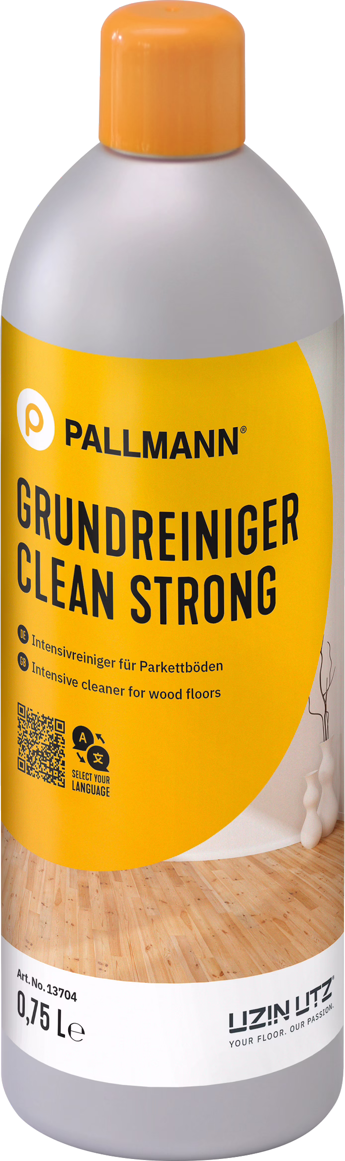 CLEAN STRONG (GRUNDREINIGER) A tall plastic bottle with an orange screw cap and a bright yellow label displaying the brand name PALLMANN and the product name GRUNDREINIGER CLEAN STRONG. The bottle contains 0.75 L of intensive cleaner for wood floors. The label shows bold black typography, a QR code, small pictograms and a photo of a light wooden parquet floor; a UZIN UTZ logo and the slogan 'YOUR FLOOR. OUR PASSION.' appear near the bottom. The container has a rounded shoulder and a grey plastic body, conveying a professional deep-cleaning product for removing stubborn dirt from wooden floors.