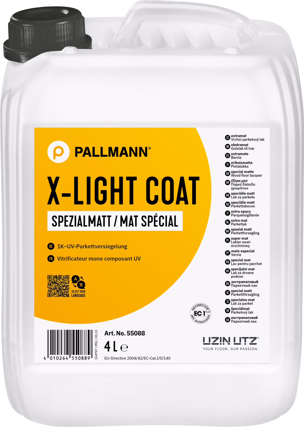 PALLMANN_dummy_X-Light-Coat_semi-gloss_4l_msl_2023-10 A white plastic 4-litre canister with a large orange label reading 'PALLMANN X-LIGHT COAT' and 'SPEZIALMATT / MAT SPÉCIAL'. The canister has a black screw cap at the top left and an integrated carry handle on top. The label displays a barcode, QR code and product information including 'Art. No. 55088' and '4 L'. The right side lists translations for 'special matte', and the lower right shows the UZIN UTZ logo and an EC1 emission seal. The container is shown on a white background with a slightly glossy plastic surface.