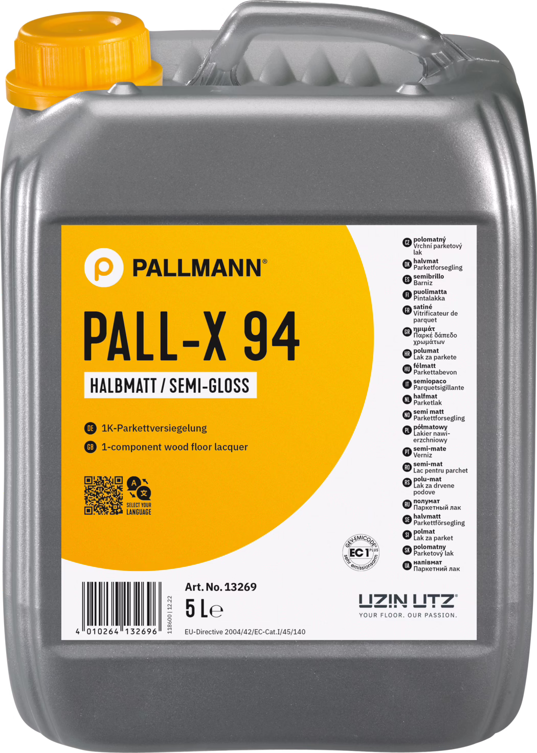 Photo of a 5-litre grey plastic jerrycan of PALLMANN PALL-X 94 semi-gloss wood floor lacquer. The bright orange and white front label displays the PALLMANN logo, the product name 'PALL-X 94', the finish designation 'HALBMATT / SEMI-GLOSS', a short description '1K-Parkettversiegelung / 1-component wood floor lacquer', a barcode and the article number Art. No. 13269. The container has an orange screw cap, a molded carry handle and certification icons; the label also includes multilingual product information and the UZIN UTZ brand mark. The image shows the canister in front view on a white background.