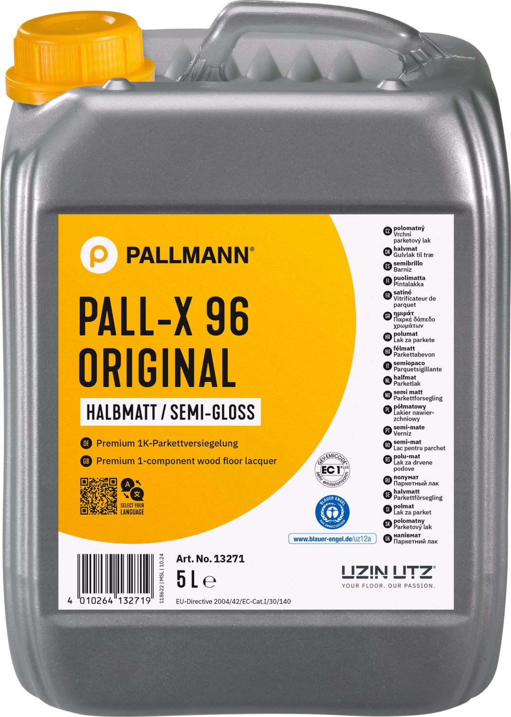 Šedý plastový kanystr o objemu 5 litrů značky Pallmann: PALL-X 96 Original, polomatný lak na parkety. Obdélný obal má horní rukojeť a žluté šroubovací víčko; etiketa je oranžová s černým nápisem 'PALL-X 96 ORIGINAL' a bílou částí s vícejazyčnými informacemi a certifikacemi (včetně Blauer Engel). Na štítku je uvedeno 'Halbmatt / Semi-Gloss', 'Premium 1-component wood floor lacquer', číslo artiklu 13271, čárový kód a '5 L'. Určeno k ochraně a konečné úpravě dřevěných podlah; jednosložkový vodou ředitelný lak pro profesionální i domácí použití. Povrch a tvar kanystru vykazují typické výrobní textury; vhodné pro aplikaci štětcem, válečkem nebo strojem.