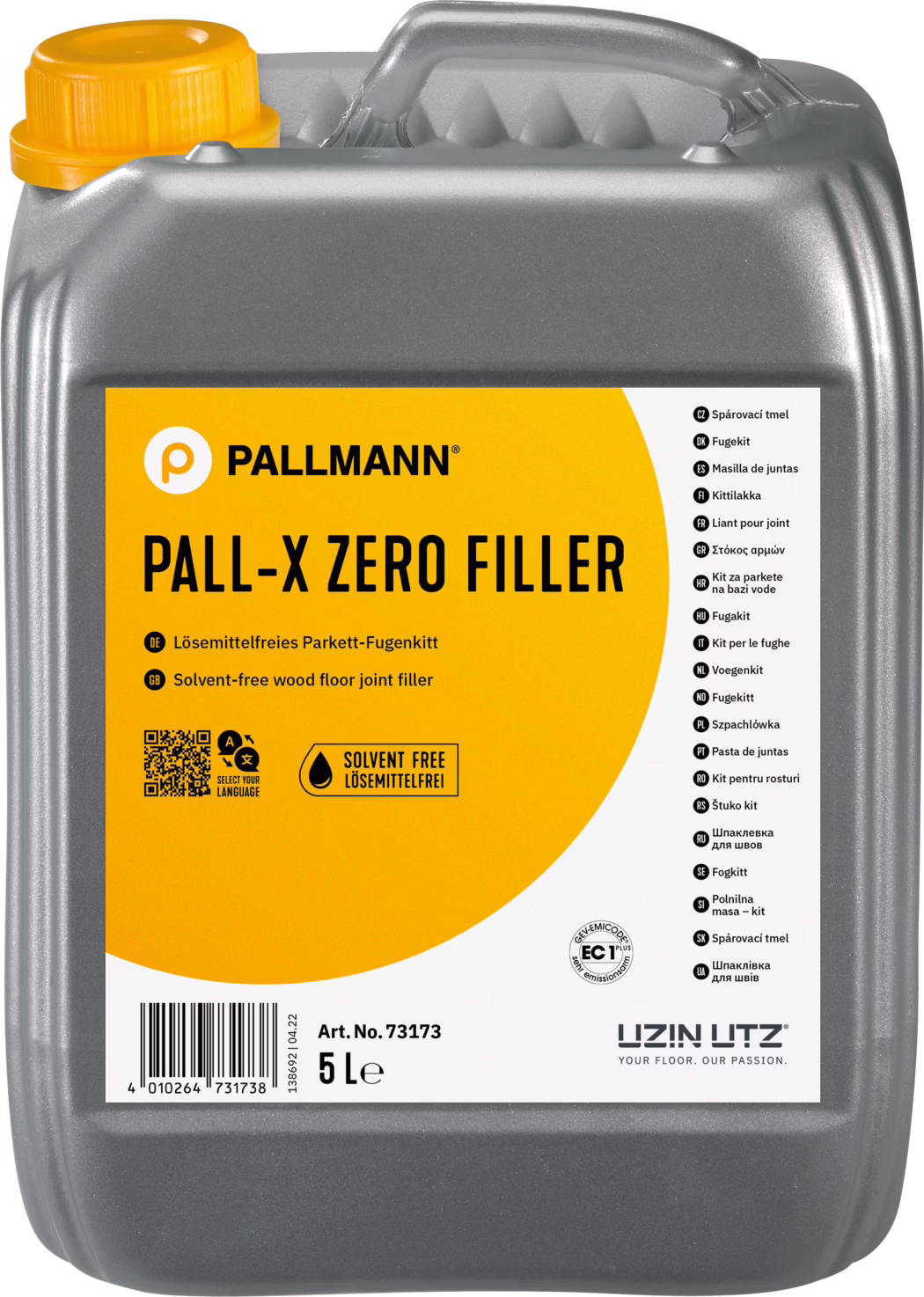 PALL-X ZERO FILLER Photograph of a grey plastic 5-liter jerrycan of Pallmann PALL-X ZERO FILLER. The rectangular container has an integrated handle at the top and an orange screw cap. A large orange label on the front shows the Pallmann logo, the product name 'PALL-X ZERO FILLER', a description stating it is a solvent-free wood floor joint filler, a droplet icon with 'solvent free' text, a QR code and a barcode, plus multilingual usage notes and the volume '5 L'. The canister surface is slightly textured and metallic grey.