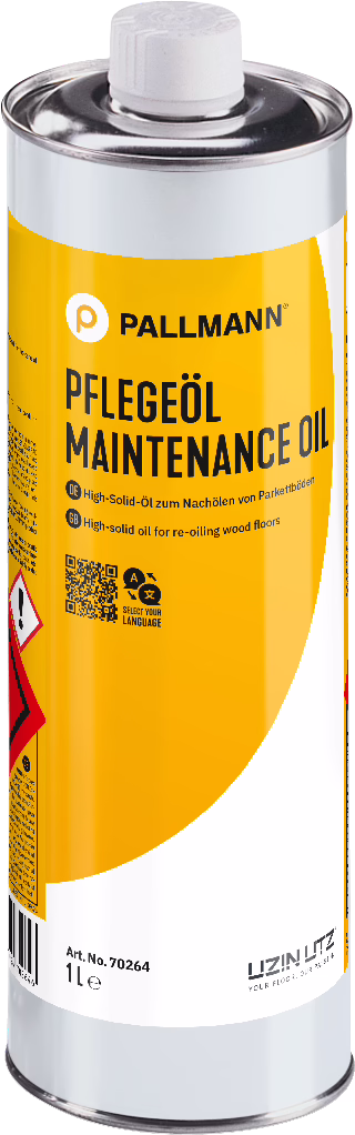 A tall 1-litre metal can of Pallmann maintenance oil with a bright yellow label and a white screw cap. The label prominently displays the brand name 'PALLMANN' and the product name 'PFLEGEÖL / MAINTENANCE OIL', with small text in German and English describing it as a high-solid oil for re-oiling wood floors. The cylindrical tin has silver top and bottom rims, clear product branding, a QR code and a small red hazard pictogram visible on the side.