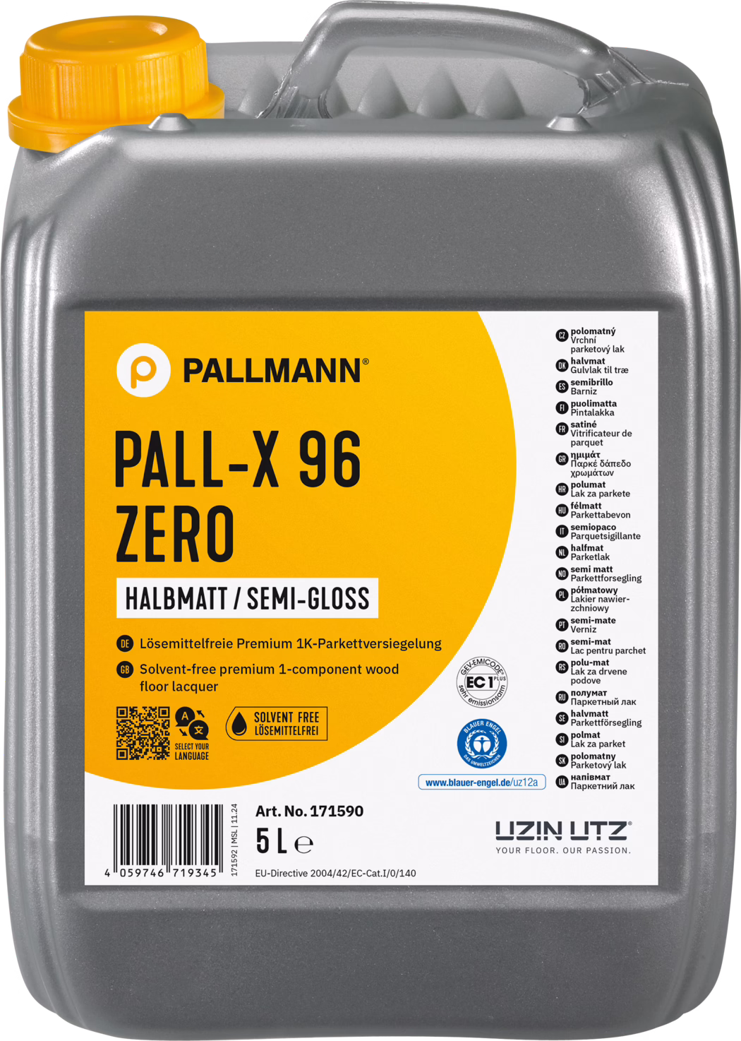 Frontal product image of a 5-litre grey plastic jerrycan containing Pallmann PALL‑X 96 ZERO wood floor lacquer. The rectangular container has an integrated top handle and a bright yellow screw cap; a large circular orange and white label covers most of the front. The label prominently shows the PALLMANN logo, the product name 'PALL‑X 96 ZERO', the finish description 'HALBMATT / SEMI‑GLOSS' and icons and small text indicating 'solvent-free', certification marks and a barcode. The photograph focuses on packaging details and legible typography, conveying that this is a solvent-free, single-component semi-gloss lacquer intended for wooden floors.
